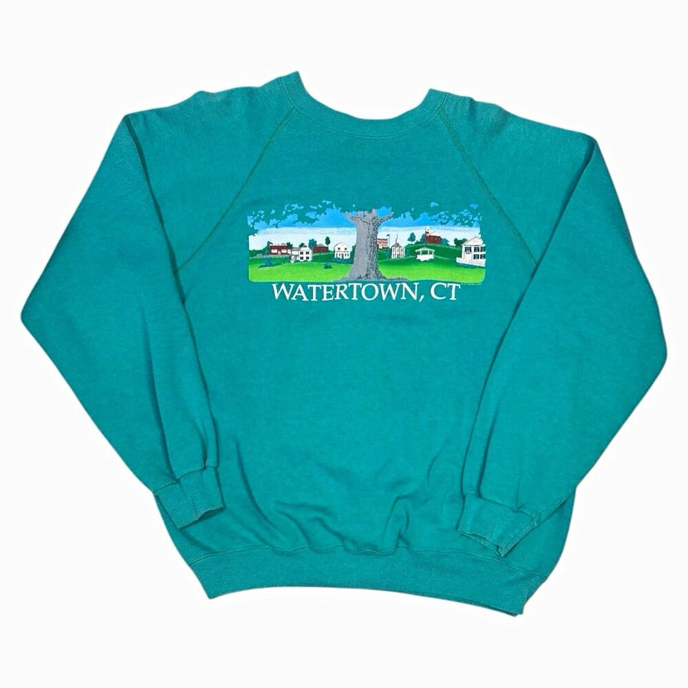 Vintage 90s Watertown Connecticut Graphic Sweatshirt Teal Crewneck Size XL USA